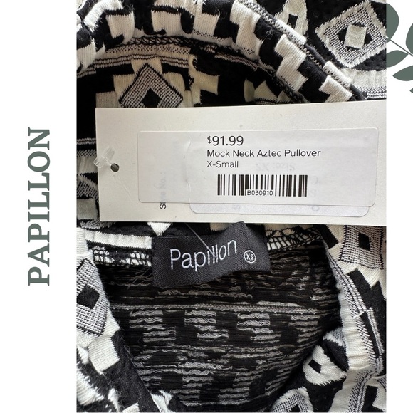 Papillon Mock Neck Aztec Print Pullover Black Cream Long Sleeve Size XS - Picture 7 of 8